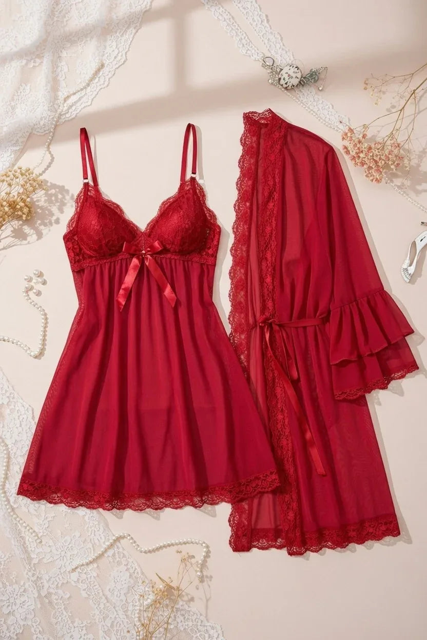 3 Piece Red Lace Babydoll Set - Rahma Essentials